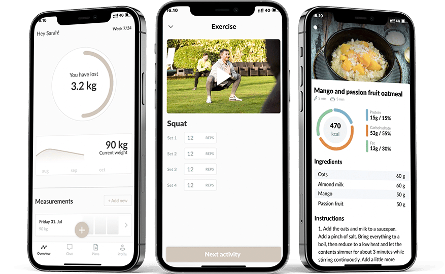 3 Mobile pictures showing the tracker, workoutplan and meal plan features of the app.